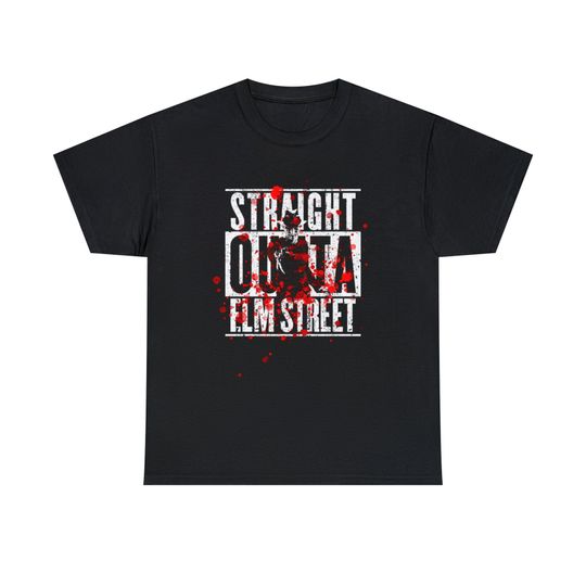 Discover Straight Outta Elm Street Horror Graphic Tee Creep into Style with our Horror Movie Graphic Tees: Spooky Shirts for Film Fanatics!
