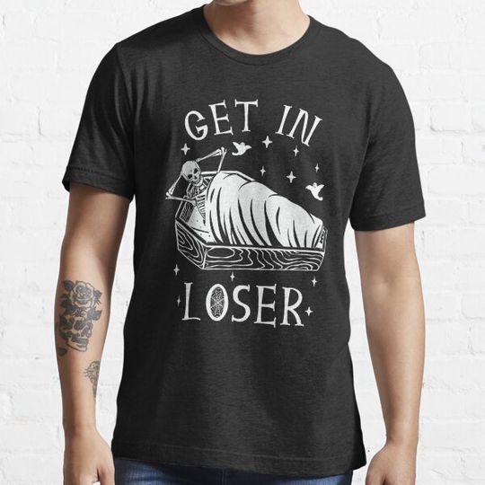 Discover Get In Loser Funny Halloween T-Shirt with Skeleton Design
