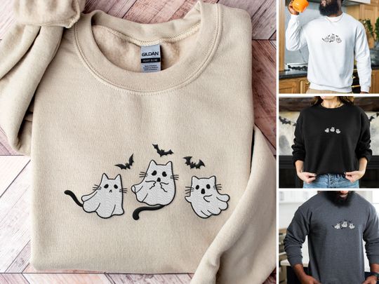 Discover Embroidered Ghost Cats Design Unisex Halloween Shirt