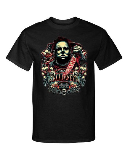Discover Welcome To Halloween Michael Myers Horror Killer Graphic Tee T-Shirt - Premium Ringspun Cotton