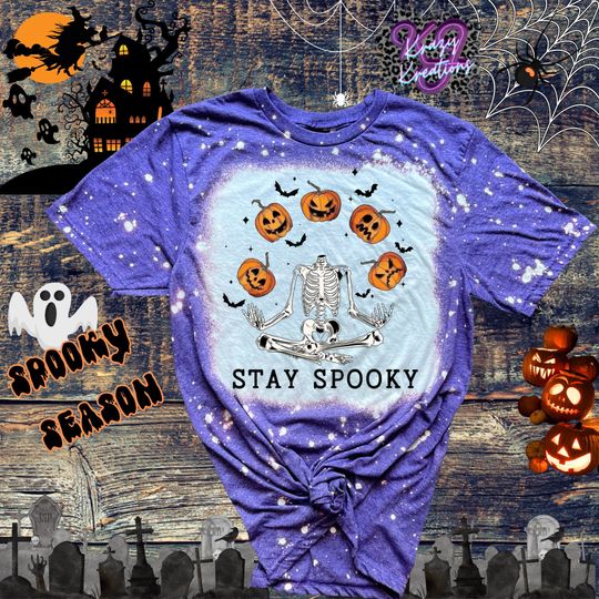 Discover Stay Spooky Bleached T-shirt/Halloween Tee| Happy Halloween Bleached Tee | Skeleton Pumpkins Ghost Faces Women Shirt, Halloween Party Gift
