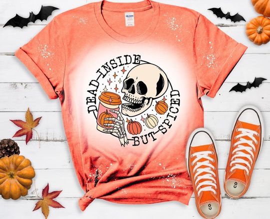 Discover Bleached TeeFall/Halloween--Dead Inside, But Spiced Skeleton Coffee