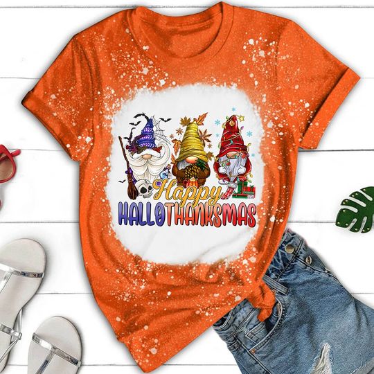 Discover Happy HalloThanksMas Gnomies Bleached Shirt, Halloween Thanksgiving Christmas Shirt, Halloween Costume Shirt, Fall Season Shirt, Gnome Shirt