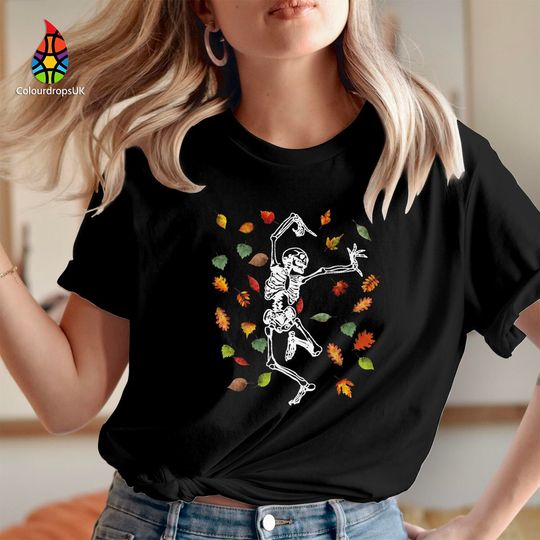 Discover TSHIRT (1789) Fall Leaves Dancing Skeleton Print Happy Halloween Treat or Trick Ghost Witches Spooky pumpkin skeleton scary