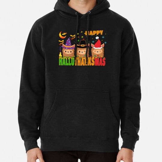Discover Llama Happy Hallothanksmas Halloween Thanksgiving Christmas Hoodies