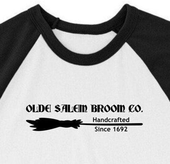 Discover Halloween, 3/4 sleeve raglan shirt, Olde Salem Broom Co, Witchcraft, Handcrafted Since 1692, Broomstick, Witch