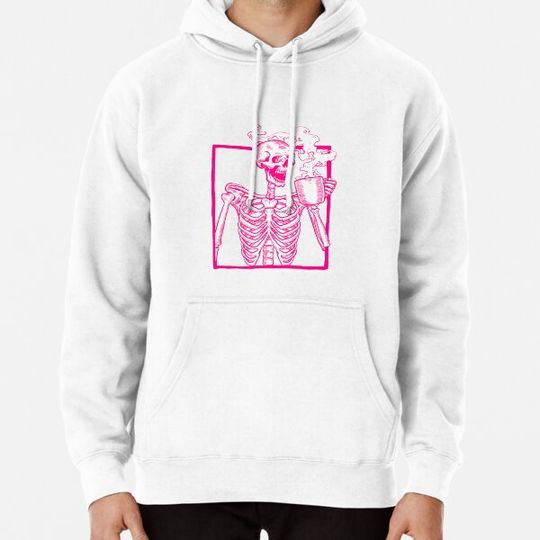 Discover halloween skeleton drinking coffee pink Hoodies