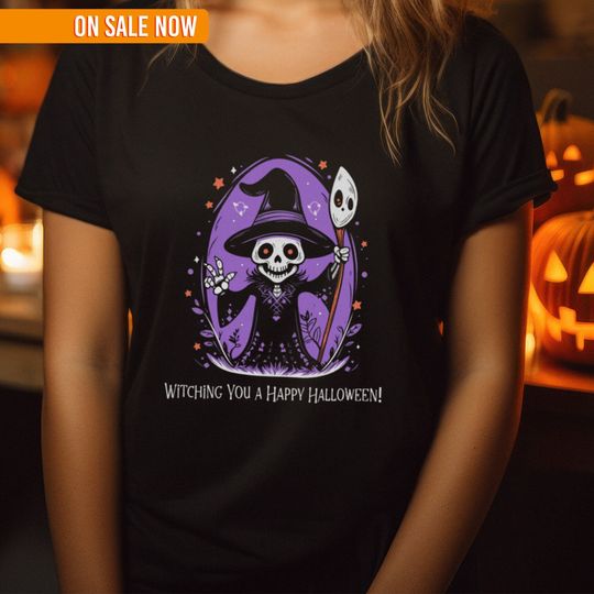 Discover Happy Halloween T-Shirt, Cute Female Sorcerer TShirt, Enchanting Witch Tee, Party Top, Magical Apparel, Gift for Her, Creepy Skeleton