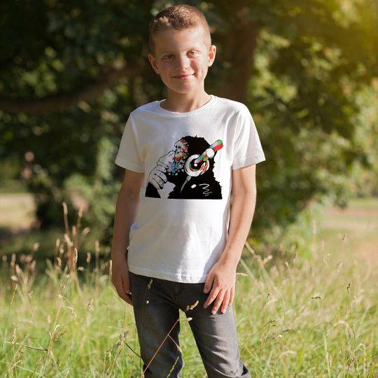 Discover Banksy Monkey Art Kids Print T Shirt - Funny Cool Street Graffiti Tee - Top Thinking Birthday Tshirt - Nursery Headphones Design T-Shirt