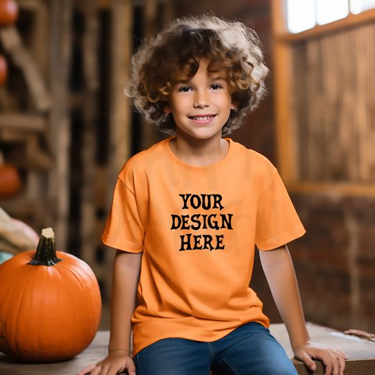 Discover Halloween Kids T-Shirt Mockup, Bella Canvas 3001, Print on Demand Lifestyle Mockup Boy, Pumpkin Halloween T-Shirt MockUp Gildan Orange Shirt