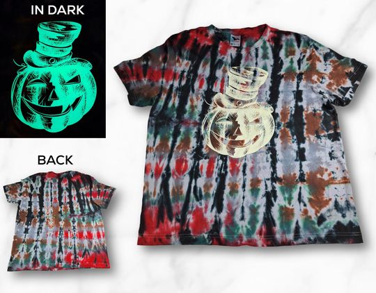 Discover Men Size XL Handmade Tie Dye Shirt with Glow in the Dark Jack O Lantern with Hat for Halloween, Spooky Season