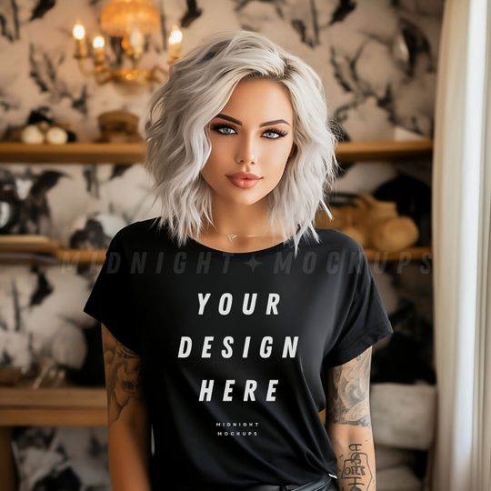 Discover Black T-shirt Mockup - Edgy Halloween Tattoo Inked Vixen Women's Shirt Mockup