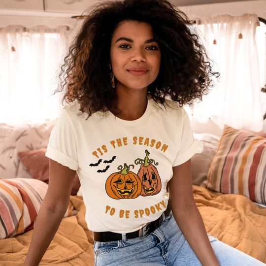 Discover Tis the season to be spooky pumpkin and bat tshirt, Halloween theme, fall colors, jackolantern, holiday season, new mom gift, wife teacher