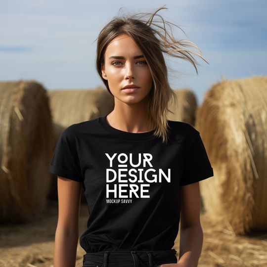 Discover Black Gildan 5000 mockup, T-Shirt Mock up, Fall Halloween T Shirt Mock-Up Woman, Pumpkin Patch Harvest Hay Bale Spooky T Shirt Mockup