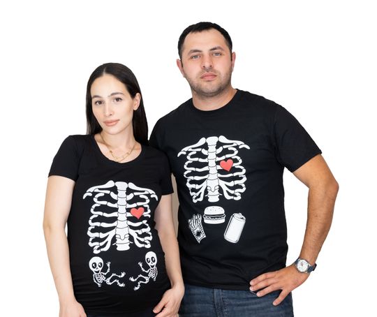 Discover Halloween Skeleton Twins Maternity Costume Couple Matching Mens Skeleton Burger Fries T-shirt Xray Baby Dad mom Pregnancy Costume Part Tees