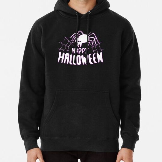 Discover Funky Happy Halloween Spooky spider and web - pink outline Hoodies