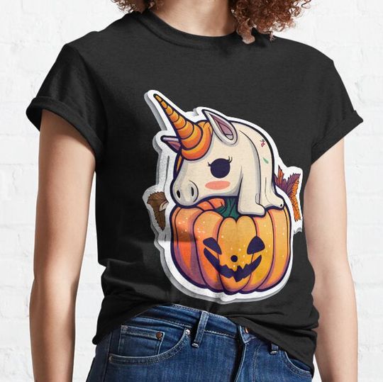 Discover unicorn pumpkin Halloween sticker style2 T-shirts