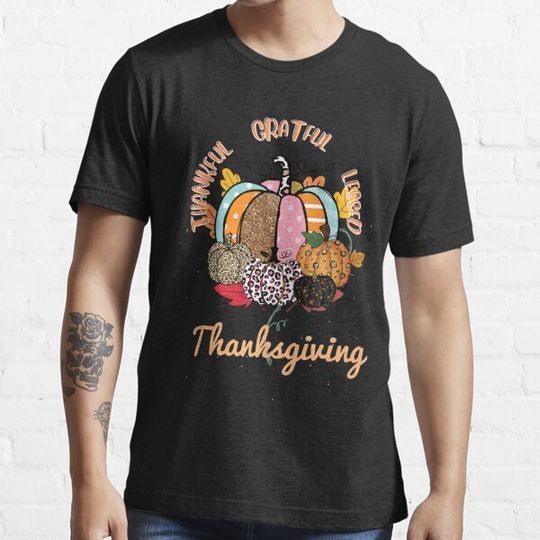 Discover Thankful Grateful Blessed Leopard Plaid Pumpkin Thanksgiving T-shirts