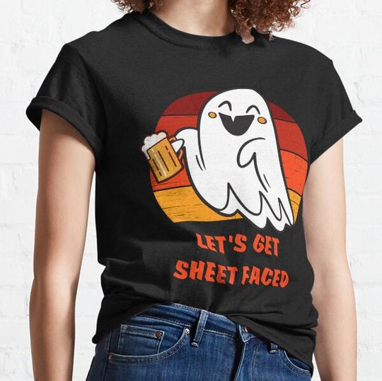 Discover Funny halloween cute ghost drinking beer  / Let's get sheet faced T-shirts