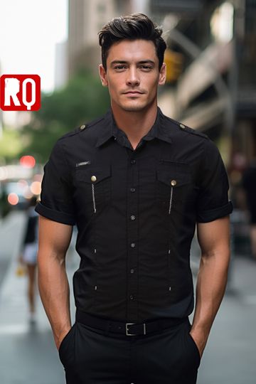 Discover Sharp and stylish black button up shirt, short sleeves pockets and shoulder straps