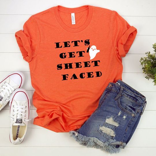 Discover Let's Get Sheet Faced Glitter Halloween Short Sleeve T-Shirt | Tee | Funny | Autumn | Ghost | Boo | Orange | Alcohol | Beer