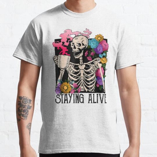 Discover Groovy Skeleton Staying Alive Coffee Halloween Hippie T-shirts