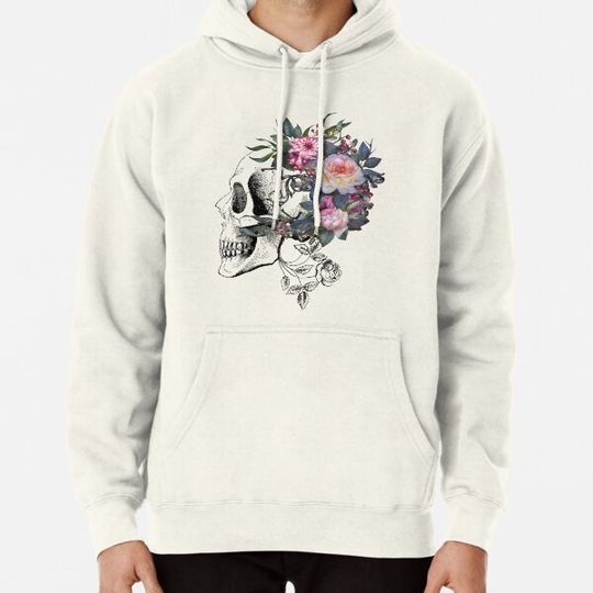 Discover Vintage black and white skull with pink flowers Hoodies
