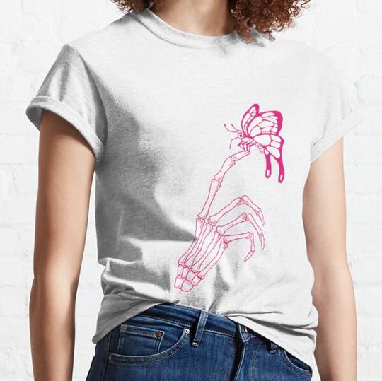 Discover Bone hand with a butterfly in pink and white T-shirts