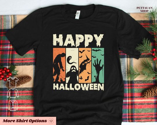 Discover Zombie Ghost Witch Bat Happy Halloween Shirt, Trick or Treat TShirt Sweatshirts Hoodies Gifts, Mummy Shirt, Spooky Horror Skeleton TShirt