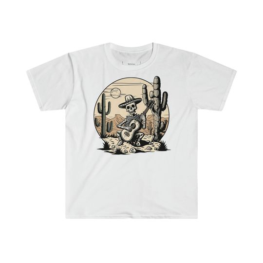 Discover Cactus and Skeleton Musician Shirt, Cool Desert Vibes Graphic T Shirt, Great Gift for Musician, Strumming Boho Cactus and Skeleton Shirt