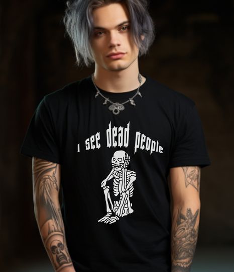 Discover Gothic Unisex Crewneck T-shirt, spooky T shirt with skeleton graphics, Goth tee, humorous halloween shirt.