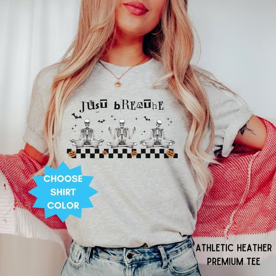 Discover Skeleton Halloween Shirt, Yoga Just Breathe Tshirt, Spooky Season Sweatshirt, Pumpkin Season Hoodie, Fall Shirts for Women  Tee