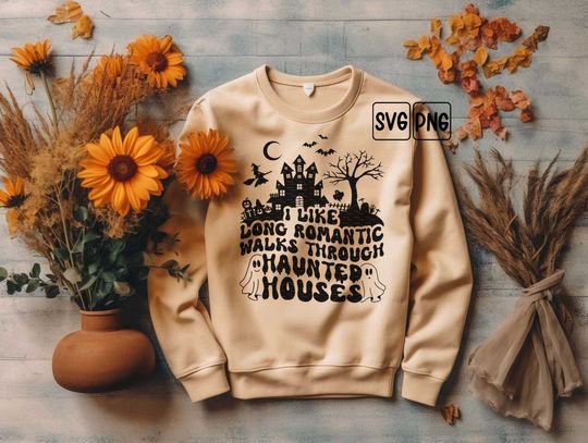 Discover Funny halloween svg for shirts I like long romantic walks through haunted houses, Witchy gifts for best friend, Horror movie lover gift