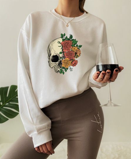 Discover Floral Skull Tshirt,Spooky Halloween Party Costume, Dead Inside Sweatshirt For Women, Matching Halloween Shirts, Spooky Vibes Hoodie For Her