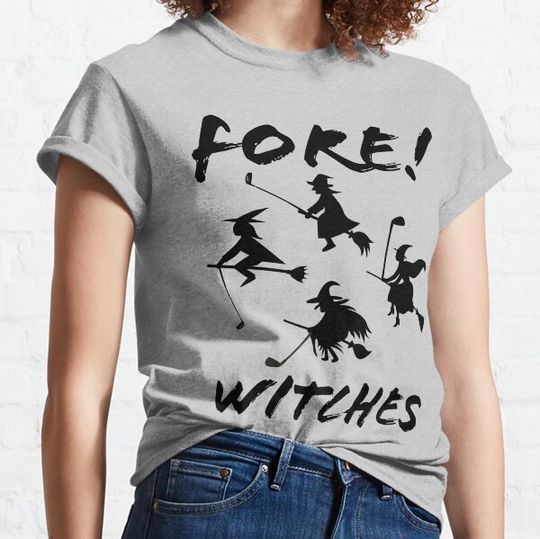 Discover FORE! WITCHES funny, self deprecating, pun with  ladies golf theme Halloween T-shirt and sticker. T-shirts