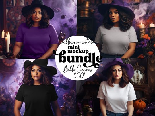 Discover Halloween Bella Canvas 3001 T-Shirt Mockup Bundle | Spooky Witch Theme | Plus Size Model | High Resolution AI Photography | Digital Download