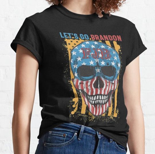 Discover Let's Go Brandon Chant sarcastic Conservative Vintage US Flag Halloween Skull T-shirts