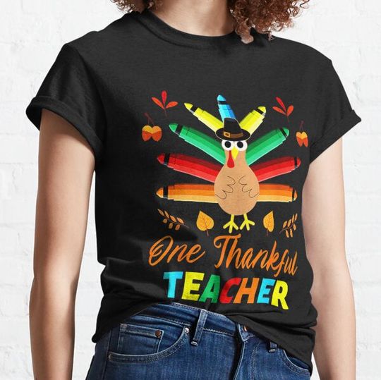 Discover One Thankful Teacher Crayon Turkey And Pumpkin Thanksgiving T-Shirt T-shirts