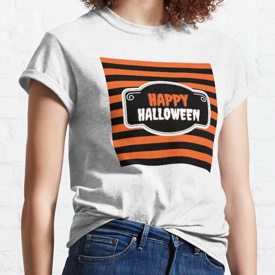 Discover Happy Halloween orange and black striped Halloween greetings design T-shirts