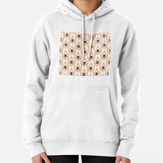 Discover Pumpkin Orange, Spooky Black and Ghost White Halloween Skull Damask Motif Pattern Hoodies