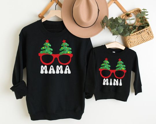 Discover Mama and Mini Matching Christmas Shirts, Funny Glasses Christmas Tree Sweatshirts Matching Mommy and Me Sweaters, Mother Daughter or Son