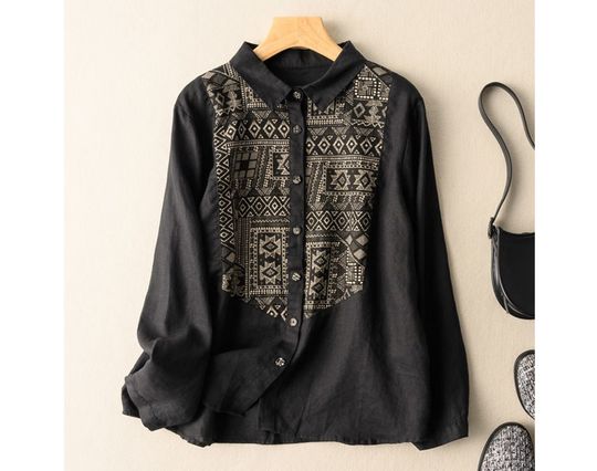 Discover Womens Cotton Linen Patchwork Shirt, Long Sleeve Elegant TShirt, Floral Print Casual Streetwear Blouse, Office Lady Thanksgiving Shirt
