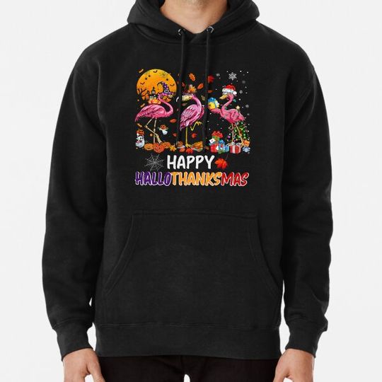Discover Flamingo Happy HalloThanksmas Funny Halloween Thanksgiving Hoodies