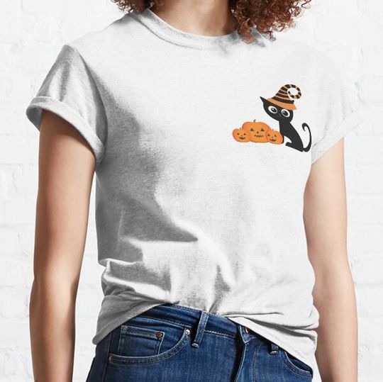 Discover Happy Halloween - Cute little Halloween cat with Halloween hat & three pumpkins T-shirts
