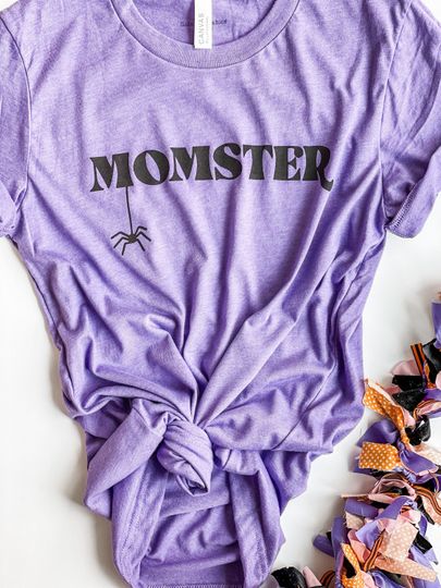 Discover Momster Tee Green or Purple Color Options Women's Halloween Shirt Screen Printed Black Ink Bella + Canvas Heathered Super Soft Unisex Tee
