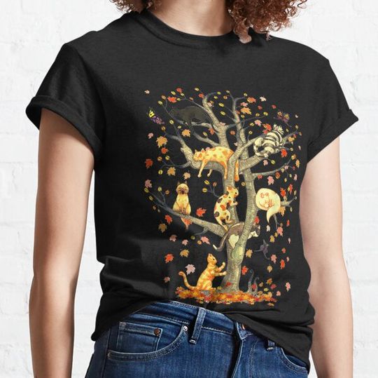 Discover Cats Fall Autumn Climbing Maple Leaf Tree Funny Cat Lovers T-shirts