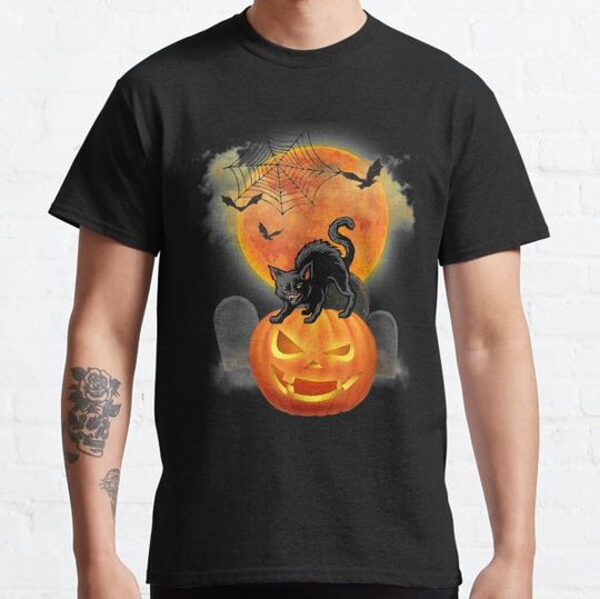 Discover Halloween Lover Black Cat With Pumpkin And Moon T-shirts