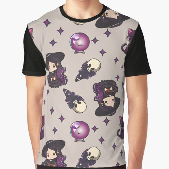 Discover Enchanted Divination: Witch, Black Cat, and Skull Scepter Print T-shirts
