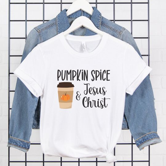 Discover Pumpkin Spice & Jesus Christ Unisex Jersey Short Sleeve Tee, Autumn Christian Gift For Her, Pumpkin Spice Lovers Shirt, Fall Jesus Merch