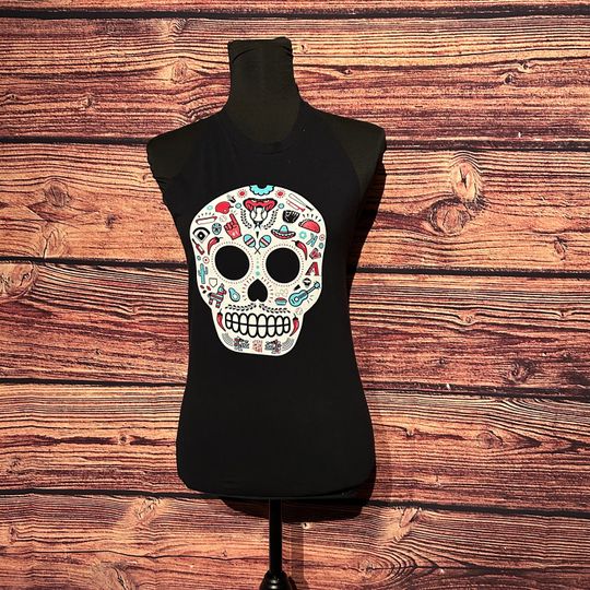 Discover Sugar Skull Women's Black X Small Shirt Top Blouse Customized Cut Out Open Back